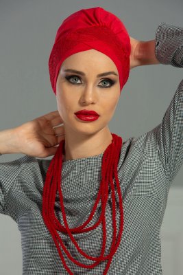 Molly - Turban Coton Dentelle Rouge