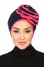 Clara - Turban En Coton Bleu Marin & Fuchsia