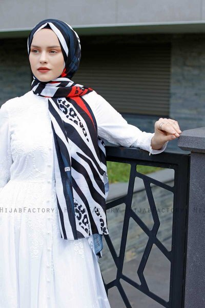 Emel - Hijab à Motifs Bleu Marin & Rouge - Sal Evi