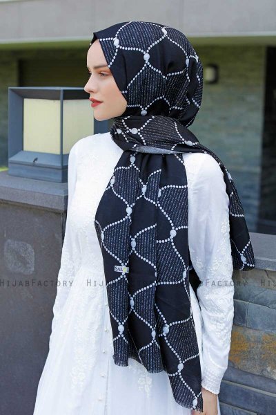 Tutku - Hijab à Motifs Bleu Marin & Blanc - Sal Evi