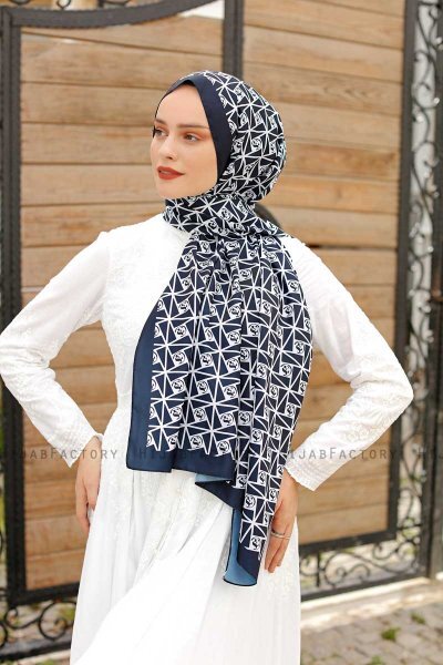 Hijab Twill à Motifs Bleu Marin - Sal Evi