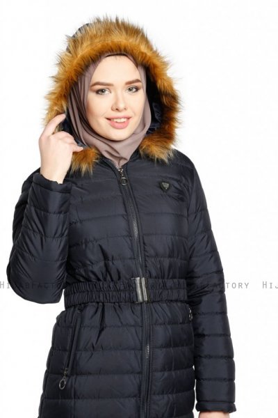 Yeliz - Veste Longue Bleu Marin Avec Capuche