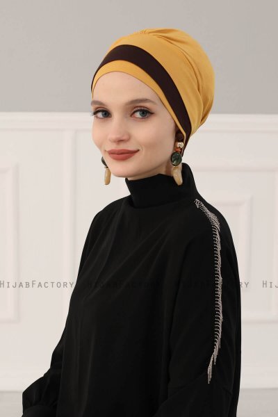 Elsa - Turban En Coton Moutarde & Marron