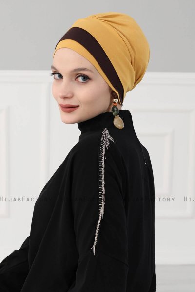 Elsa - Turban En Coton Moutarde & Marron