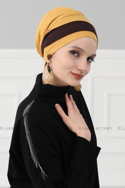 Elsa - Turban En Coton Moutarde & Marron