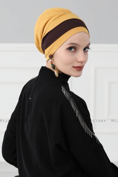Elsa - Turban En Coton Moutarde & Marron