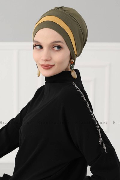 Elsa - Turban En Coton Kaki & Moutarde