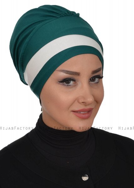 Elsa - Turban En Coton Vert Foncé & Crème