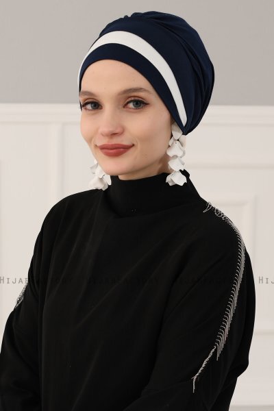 Elsa - Turban En Coton Bleu Marin & Crème