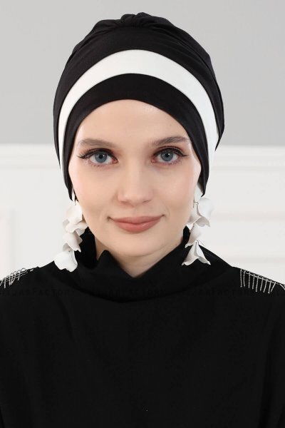 Elsa - Turban En Coton Noir & Crème