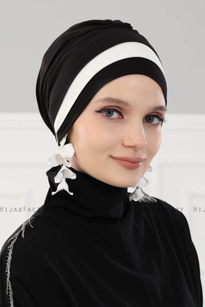 Elsa - Turban En Coton Noir & Crème