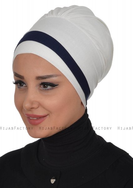 Elsa - Turban En Coton Crème & Bleu Marin