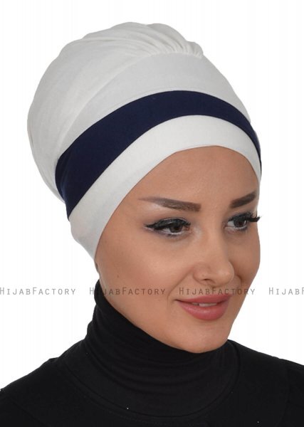 Elsa - Turban En Coton Crème & Bleu Marin