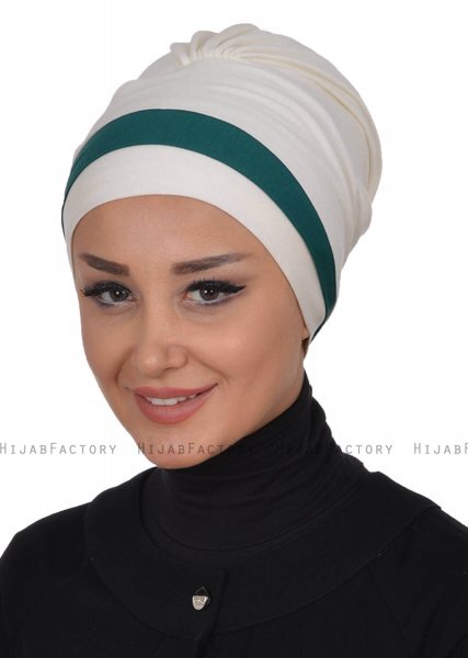 Elsa - Turban En Coton Crème & Vert Foncé