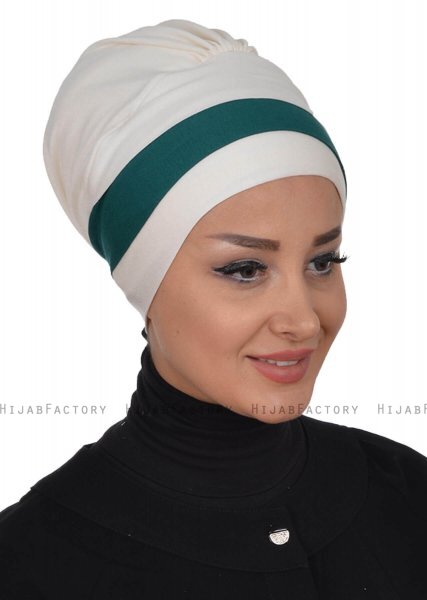Elsa - Turban En Coton Crème & Vert Foncé