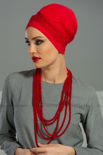 Molly - Turban Coton Dentelle Rouge