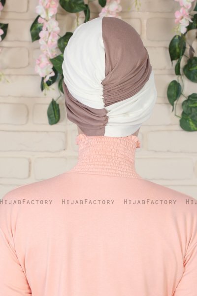 Fiona - Turban En Coton Taupe Foncé & Crème