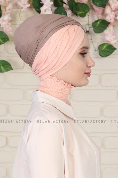 Fiona - Turban En Coton Taupe Foncé & Vieux Rose