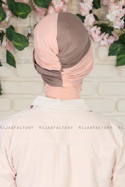 Fiona - Turban En Coton Taupe Foncé & Vieux Rose