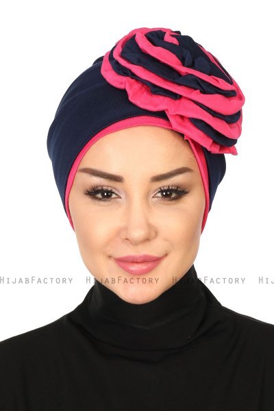 Clara - Turban En Coton Bleu Marin & Fuchsia