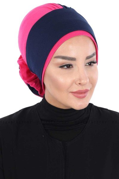 Clara - Turban En Coton Bleu Marin & Fuchsia