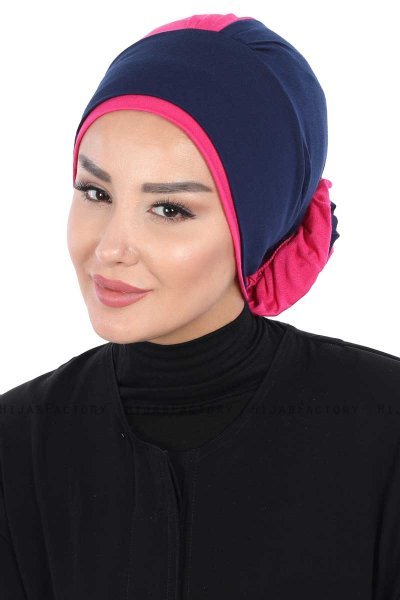 Clara - Turban En Coton Bleu Marin & Fuchsia