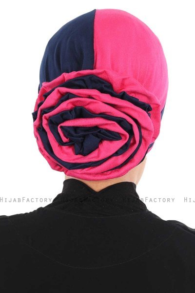 Clara - Turban En Coton Bleu Marin & Fuchsia