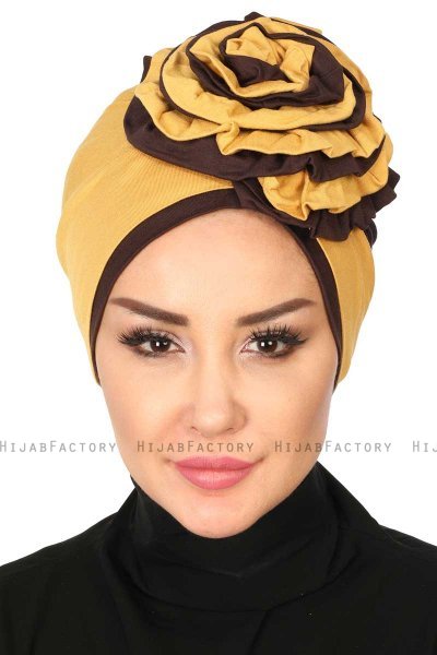 Clara - Turban En Coton Moutarde & Marron