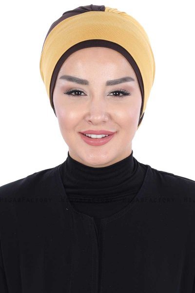 Clara - Turban En Coton Moutarde & Marron