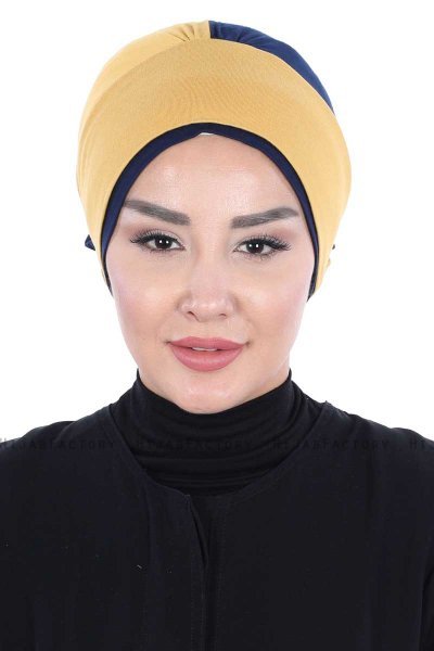 Clara - Turban En Coton Moutarde & Bleu Marin