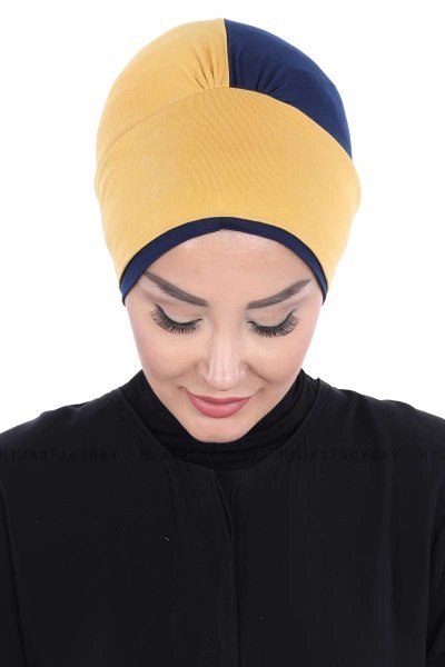 Clara - Turban En Coton Moutarde & Bleu Marin
