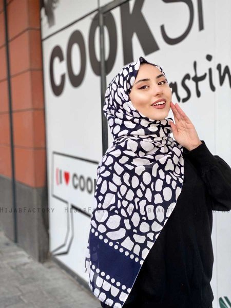 Iza - Hijab A Motifs En Coton Bleu Marin & Blanc - Mirach