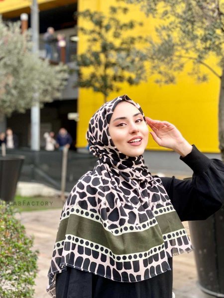 Iza - Hijab A Motifs En Coton Noir & Kaki - Mirach