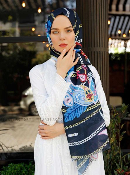 Jumana - Hijab à Motifs Bleu Marin - Sal Evi