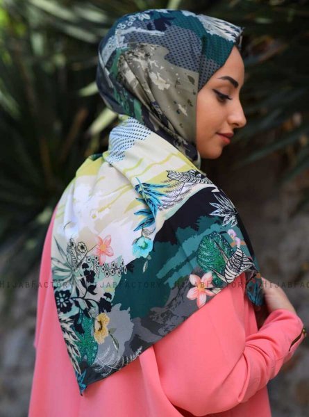 Khawla - Hijab A Motifs En Coton Vert & Kaki