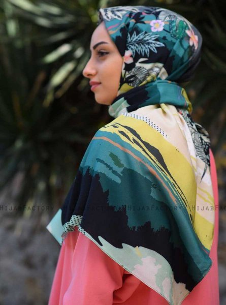Khawla - Hijab A Motifs En Coton Vert & Kaki