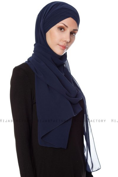 Mehtap - Chiffon Hijab Pratique One-Piece Bleu Marin