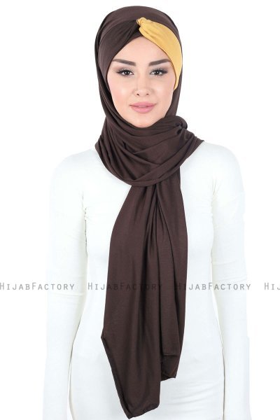 Mikaela - Hijab Coton Pratique Marron & Moutarde