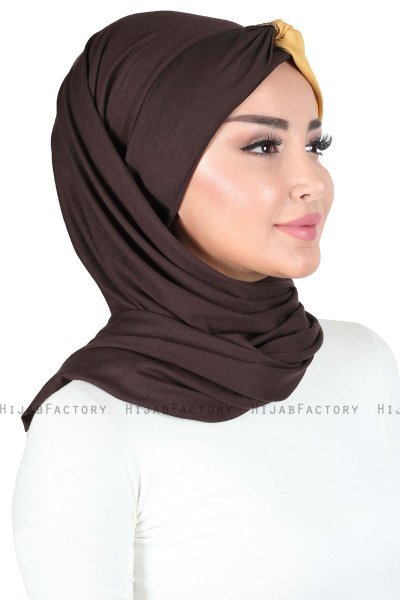 Mikaela - Hijab Coton Pratique Marron & Moutarde