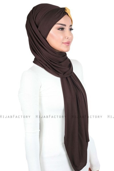 Mikaela - Hijab Coton Pratique Marron & Moutarde
