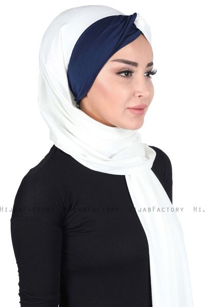 Mikaela - Hijab Coton Pratique Crème & Bleu Marin