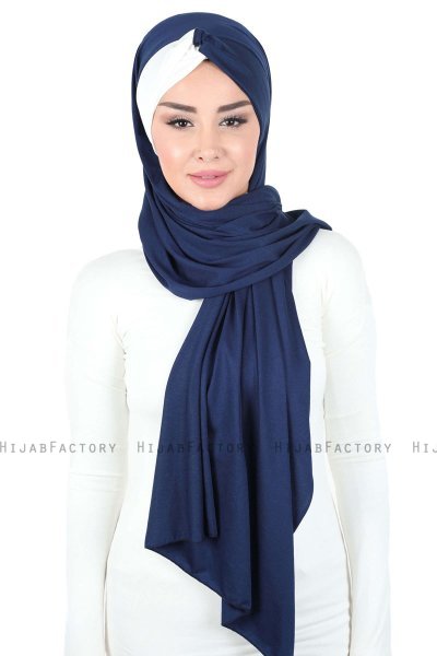 Mikaela - Hijab Coton Pratique Bleu Marin & Crème