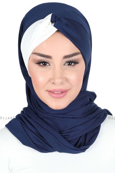 Mikaela - Hijab Coton Pratique Bleu Marin & Crème
