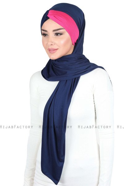 Mikaela - Hijab Coton Pratique Bleu Marin & Fuchsia
