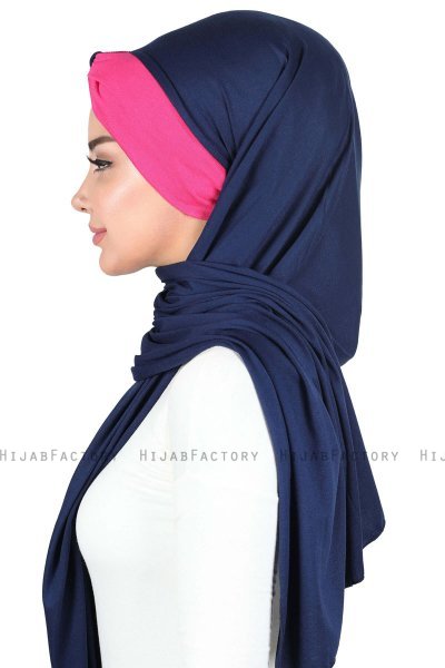 Mikaela - Hijab Coton Pratique Bleu Marin & Fuchsia