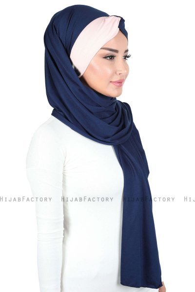 Mikaela - Hijab Coton Pratique Bleu Marin & Vieux Rose