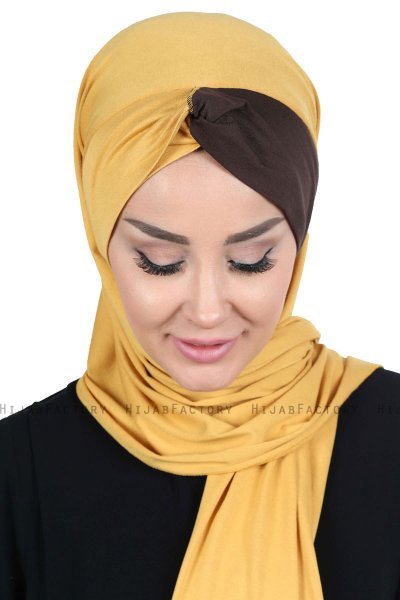 Mikaela - Hijab Coton Pratique Moutarde & Marron