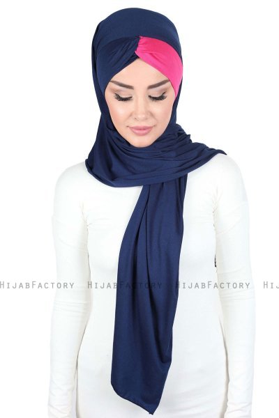 Mikaela - Hijab Coton Pratique Bleu Marin & Fuchsia