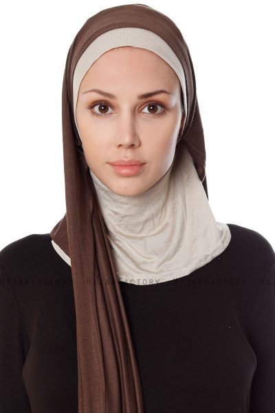 Naz - Hijab Pratique One-Piece Marron & Taupe Clair - Ecardin