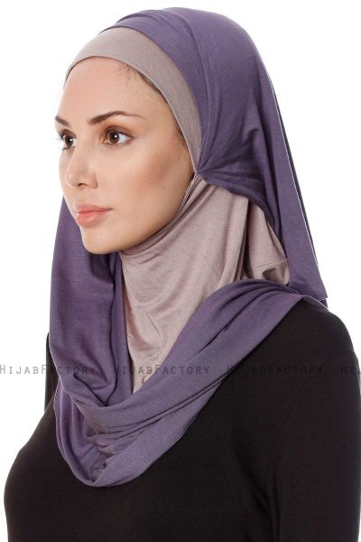 Naz - Hijab Pratique One-Piece Violet & Gris Pierre - Ecardin